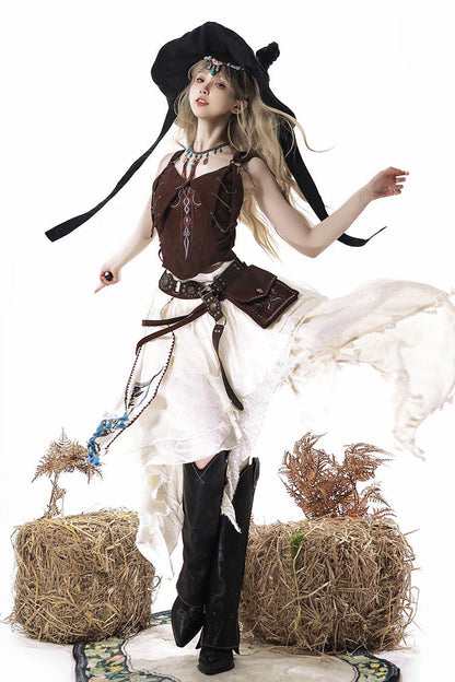 Dune Shadow Seeker Irregular Vintage Lolita Skirt Set - Embroidered Ruffled
