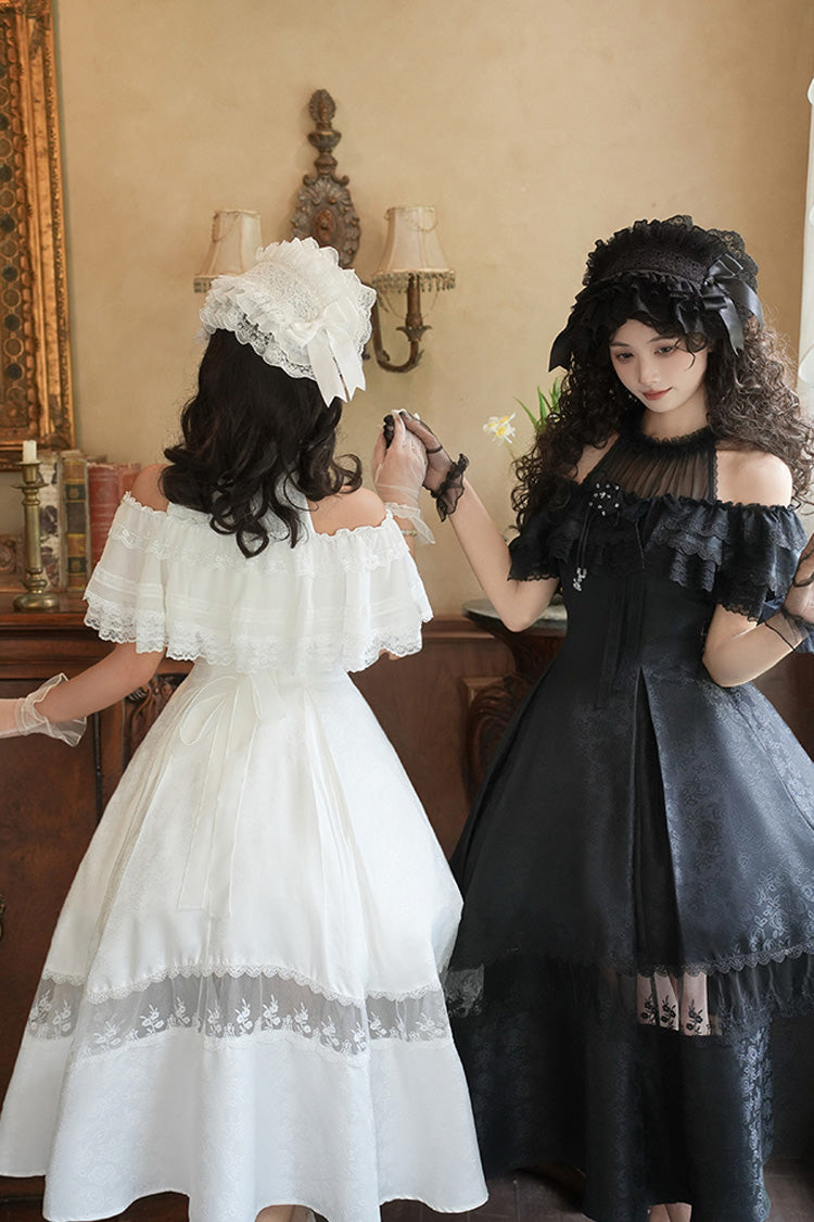 Elegant Lolita Dress with Off-Shoulder Neckline and Ruffle Print in Black