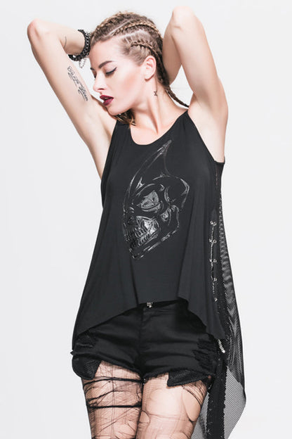 No-Sleeve Dragon Print Sheer Back Punk Tee