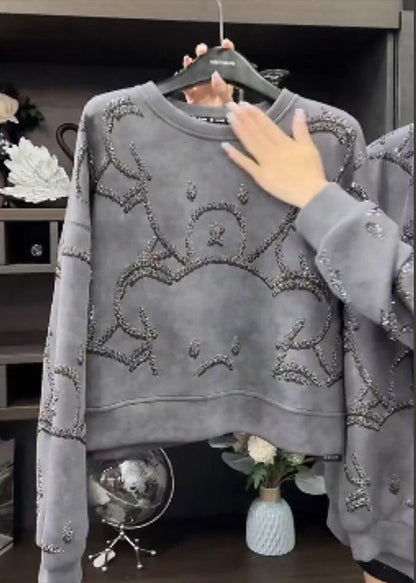 Sweat-shirt à paillettes gris à col rond tendance pour l'automne WD035