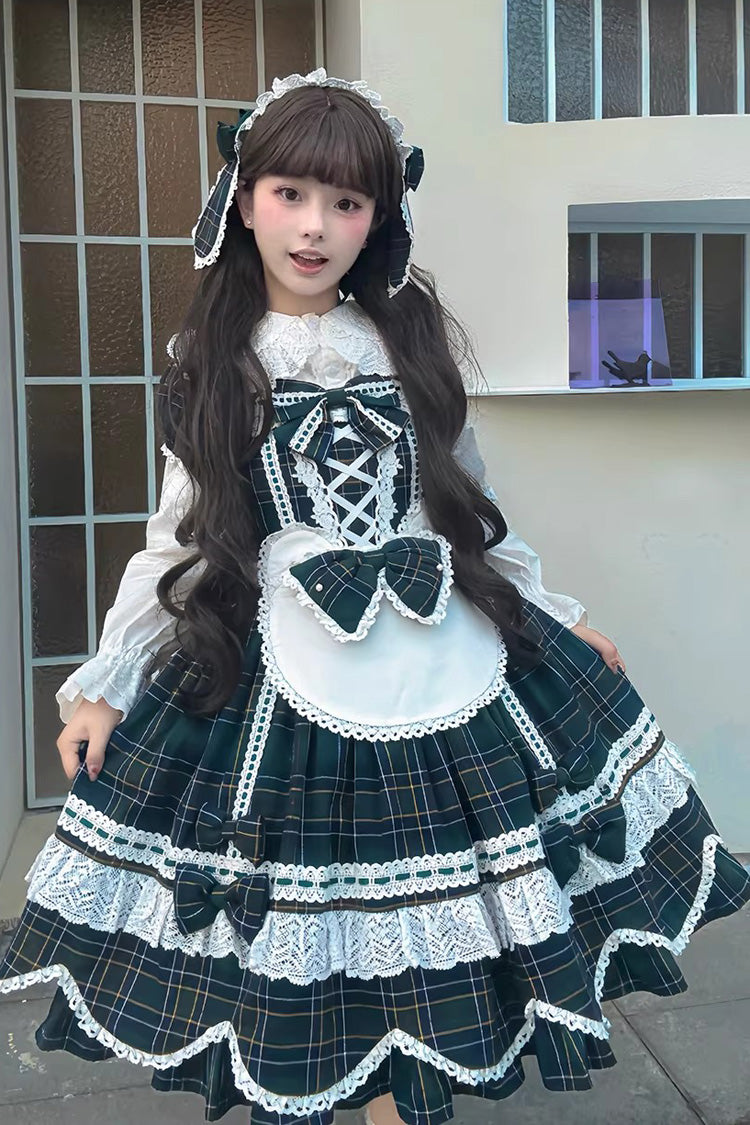 Emerald Gingham Petal Bunny Short-Sleeve Ruffled Bow OP Dress