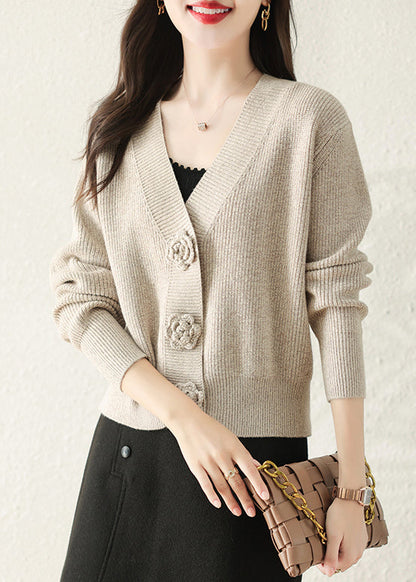 Stylish Apricot V Neck Button Knit Cardigans Fall QC029