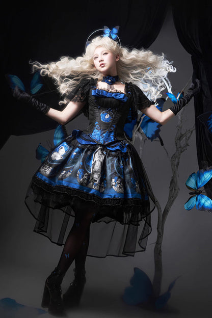 Azure Dark Moon Corridor Print Embroidery Gothic Lolita Gown Skirt