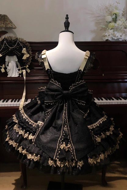 Ebony Sleeveless Tiered Foil-Stamped Bow Lace Sweet JSK - Gilded Memories