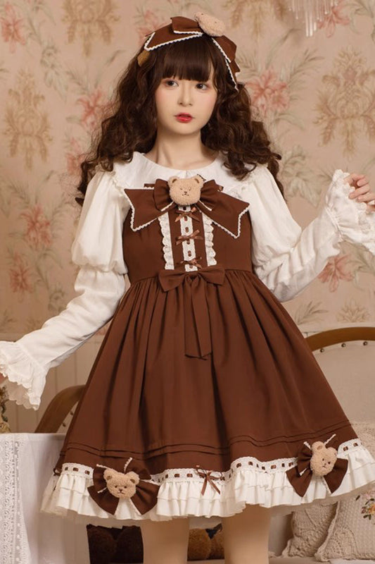 Mousse Bear Sleeveless Vintage Princess Lolita JSK Dress with Bow - Ruffle