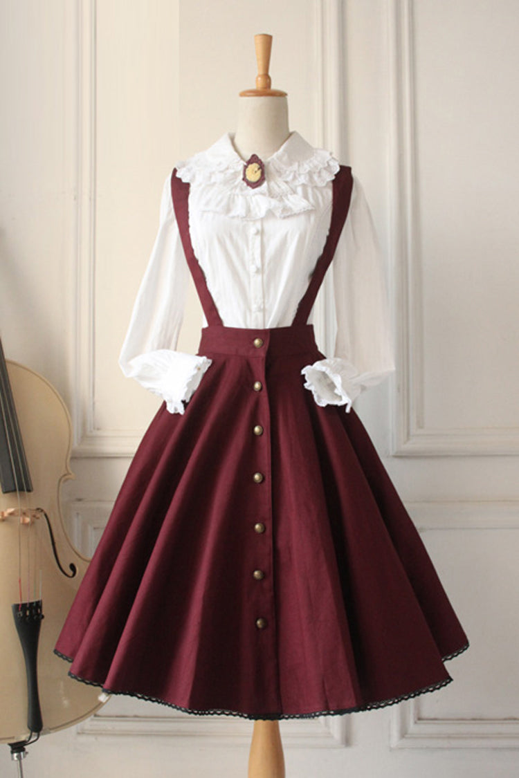 Vintage Single-Breasted Ruffled Lolita Skirt Dress with Strap in Wine - ClassicLolita
