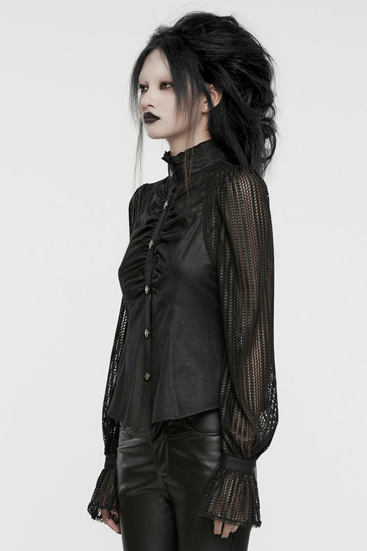Black Mesh Punk Blouse, High Collar with Stitching for Women