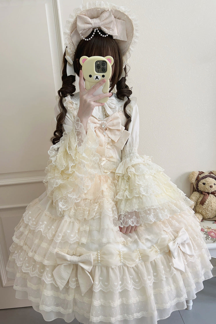 Sweet Princess Lolita Gown with Layered Bows & Lace Accents in Cream