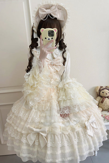 Sweet Princess Lolita Gown with Layered Bows & Lace Accents in Cream
