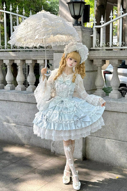 Azure Pearl Veil Doll-Style Sleeveless Ruffled Bow Lace Layered Sweet Lolita Gown