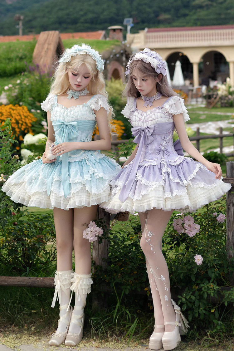 Emerald Short Sleeve Multi-Layer Ruffle Embroidery Bow Lace-Up Sweet Elegant Ballet Lolita Jumper Dress