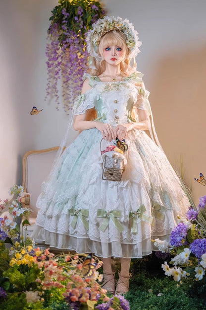 Emerald Glazed Phantom Off-Shoulder Ruffle Hanayome Bow Lace Dress