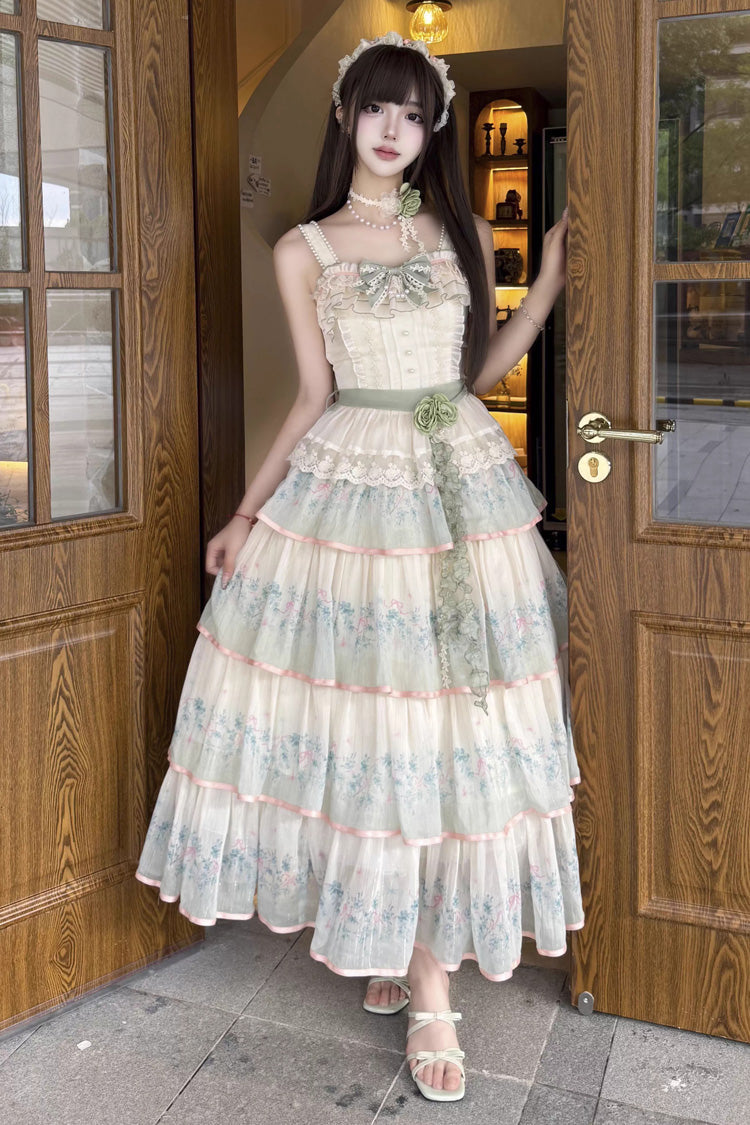 Emerald Lilac Thoughts Gradient Layered Ruffle Bow Lace Dress Set