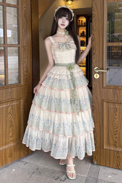 Emerald Lilac Thoughts Gradient Layered Ruffle Bow Lace Dress Set