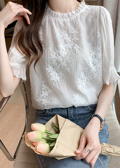 Shirts Chiffon White Bohemian Summer Embroidered Floral