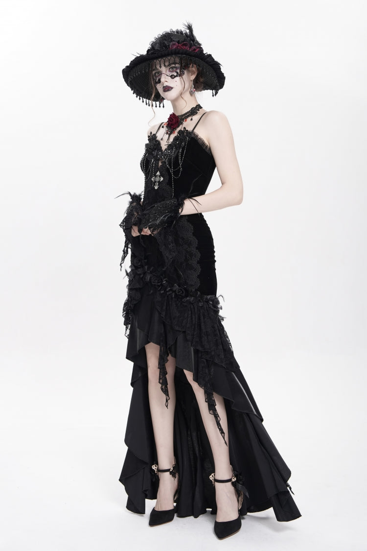 No-Sleeve Ruffled Floral Embroidered Chain Gothic Long Slip Dress