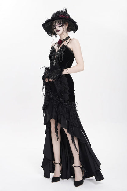 No-Sleeve Ruffled Floral Embroidered Chain Gothic Long Slip Dress