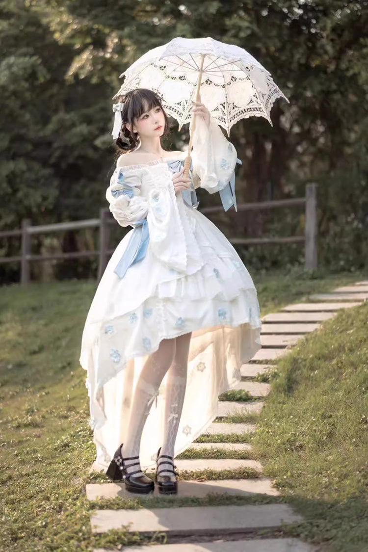 Ivory Boatneck Multi-Layer Ruffle Hanayome Bow Princess Lolita Strapless Dress