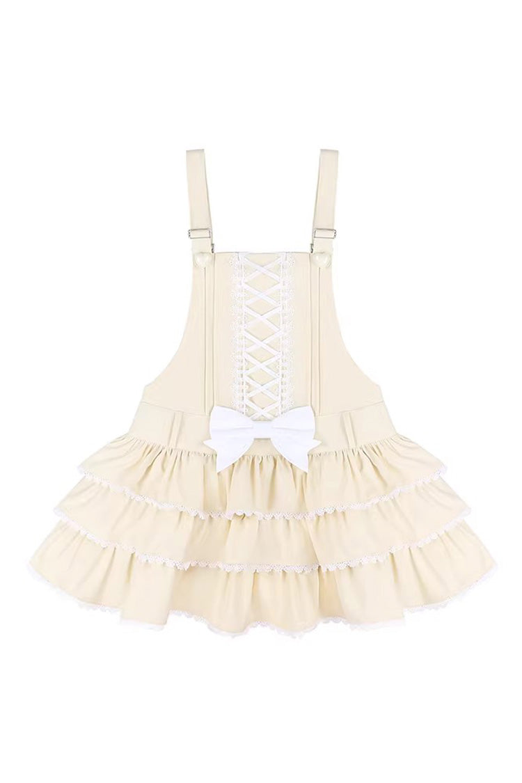 Vintage Cream Puff Sleeveless Triple Ruffle Bow Lace-Up Tiered JSK