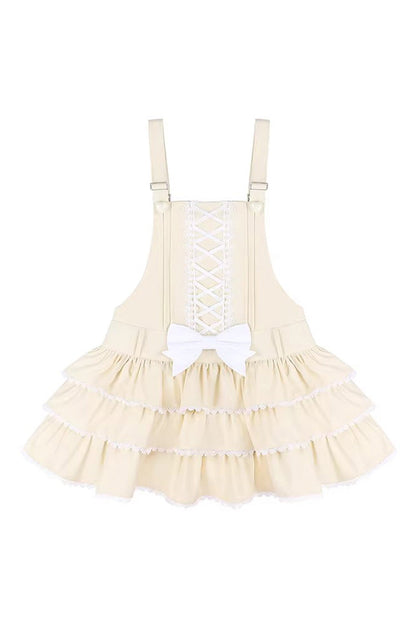 Vintage Cream Puff Sleeveless Triple Ruffle Bow Lace-Up Tiered JSK