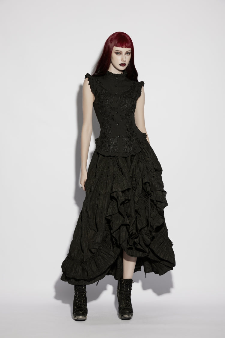 Elegant Black Gothic Blouse for Women, Ruffled with Embroidery and Lace-Up