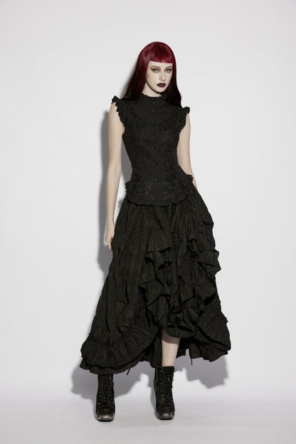 Elegant Black Gothic Blouse for Women, Ruffled with Embroidery and Lace-Up