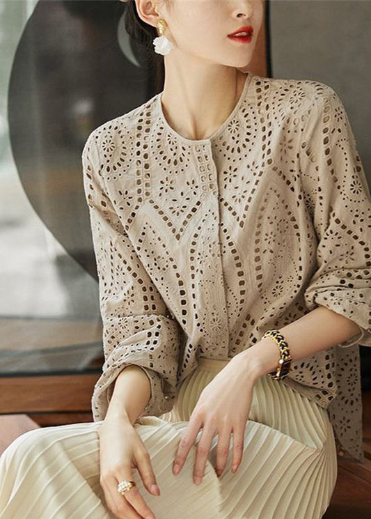 Khaki Out Hollow Blouses Women Sleeve O Light Cotton Long Neck