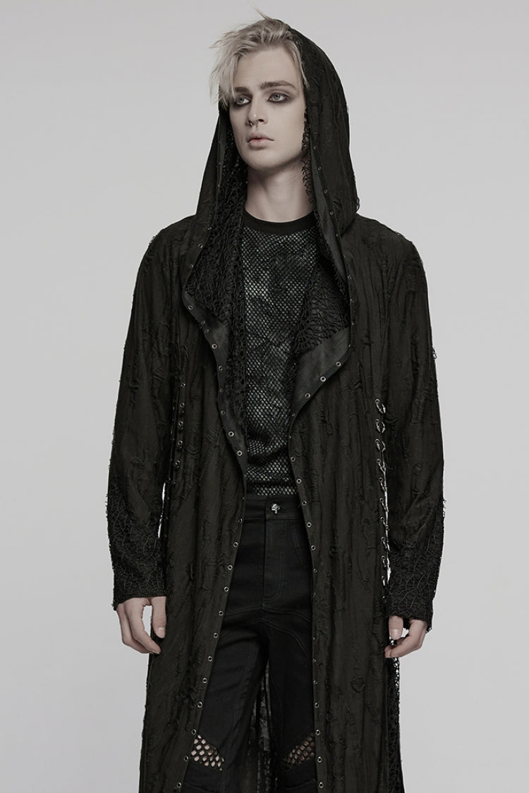Ebony Long-Sleeve Irregular Hooded Sheer Ripped Men's Gothic Coat