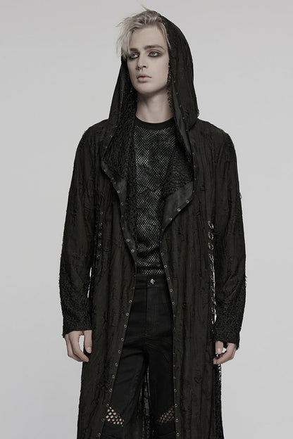 Ebony Long-Sleeve Irregular Hooded Sheer Ripped Men's Gothic Coat