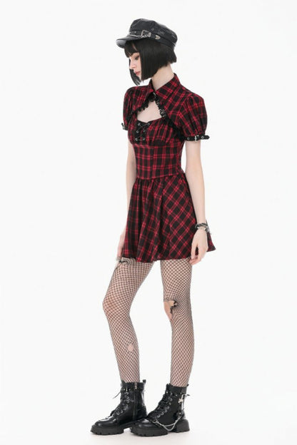 Crimson & Charcoal Tartan Notch Collar Cutout Short Sleeve Laced Punk Retro Mini Dress