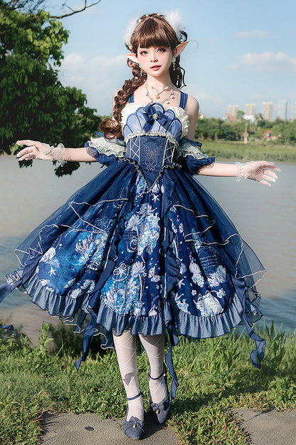 Azure Deep Sea Jellyfish Print Ruffle Lace Sweet Elegant Lolita Jumper Dress