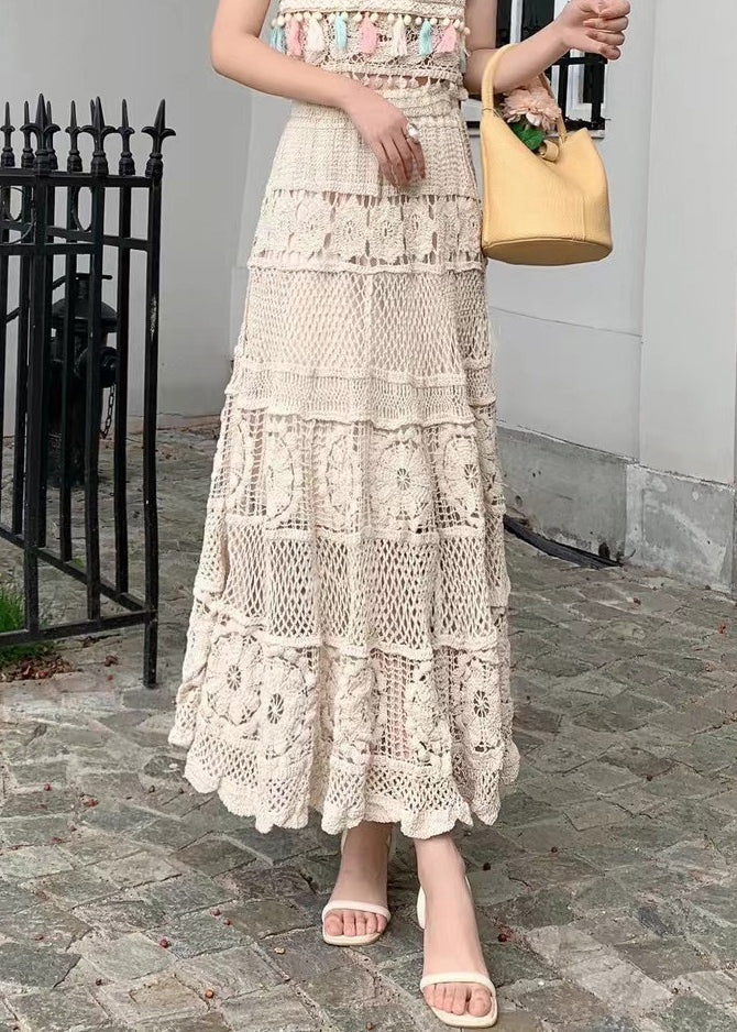 Hollow Loose Skirts Waist Out Apricot Summer Elastic