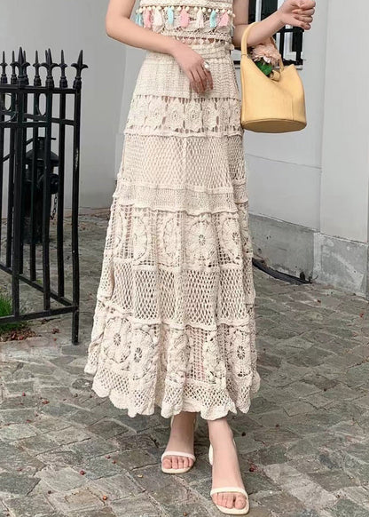 Hollow Loose Skirts Waist Out Apricot Summer Elastic