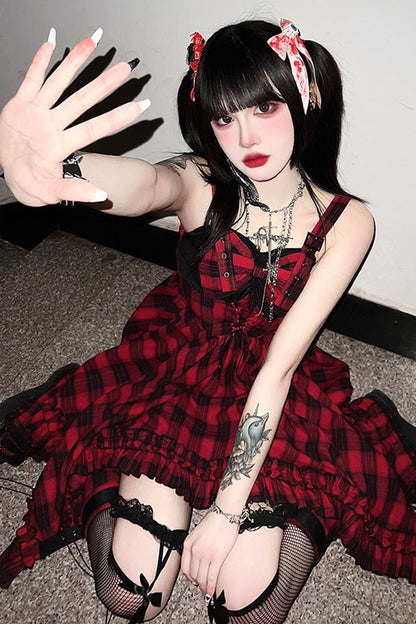 Crimson Gothic Lolita JSK Dress with Irregular Plaid Print