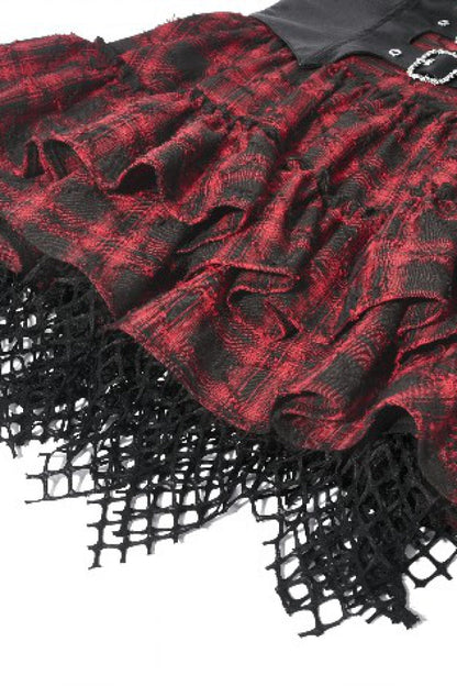 Crimson & Charcoal Tartan Leather Multi-Tier Ruffled Punk Sweetcore Slip Dress