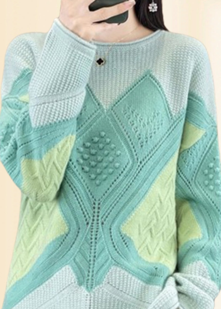 Beautiful Green O-Neck Plaid Cotton Knit Sweaters Fall QP018