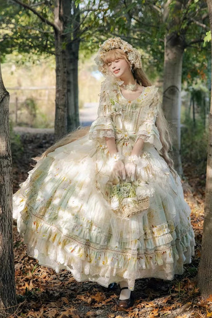 Emerald Daisy Lapel Half-Sleeve Layered Bow Lace Plus-Size Princess Dress