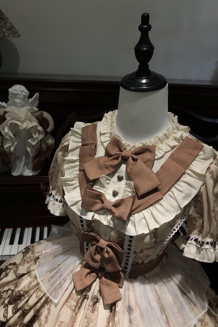 Teddy Bear Party Round Collar Printed Sweet Lolita Dress - Ruffled Bow