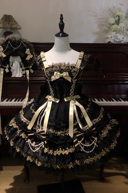 Ebony Sleeveless Tiered Foil-Stamped Bow Lace Sweet JSK - Gilded Memories