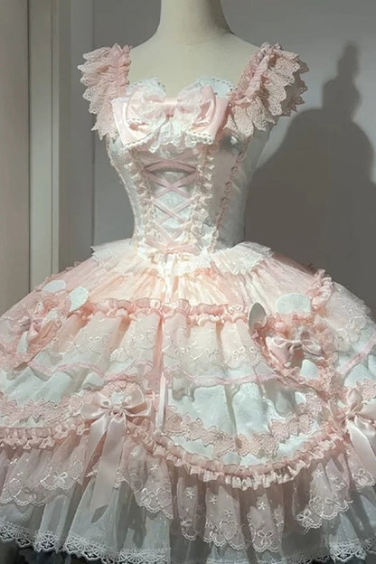 Blush Square Collar Flutter Sleeve Jacquard Ruffle Bow Lace JSK - Heart Bear