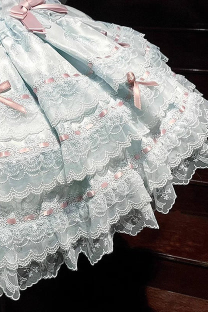 Emerald Sleeveless Ruffle Bow Lace Lace-Up Sweet Elegant Lolita Jumper Dress