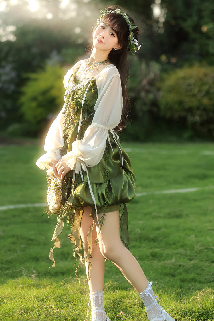 Emerald Leaf Decoration Ruffle Asymmetric Sweet Lolita Jumper Dress Set