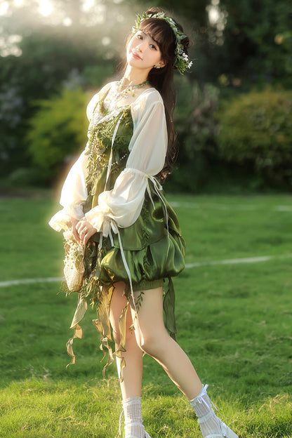 Emerald Leaf Decoration Ruffle Asymmetric Sweet Lolita Jumper Dress Set