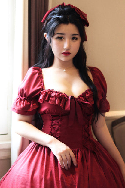 Crimson Vintage Lolita Dress with Puff Sleeves and Layered Ruffles