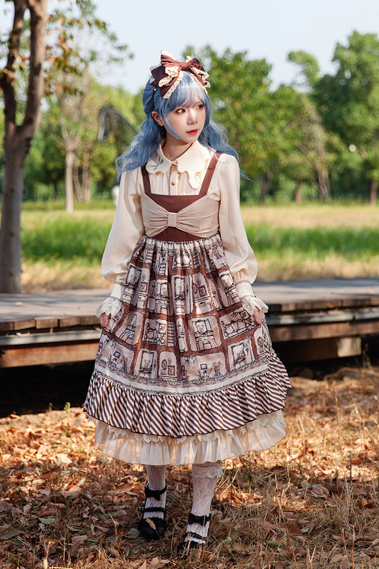 Underground Bear Print Ruffle Bow Sweet Lolita Dress - Brown