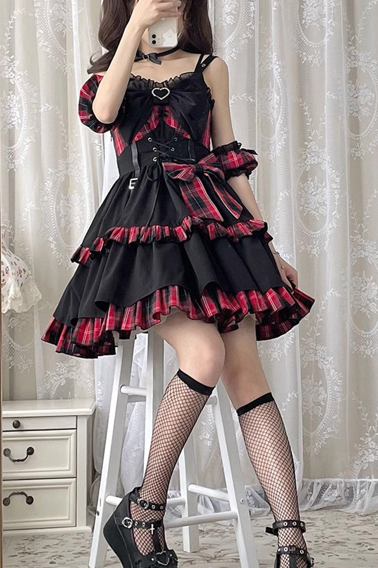 Crimson & Charcoal Tartan Contrast Leather Buckle Bow Ruffle Goth JSK