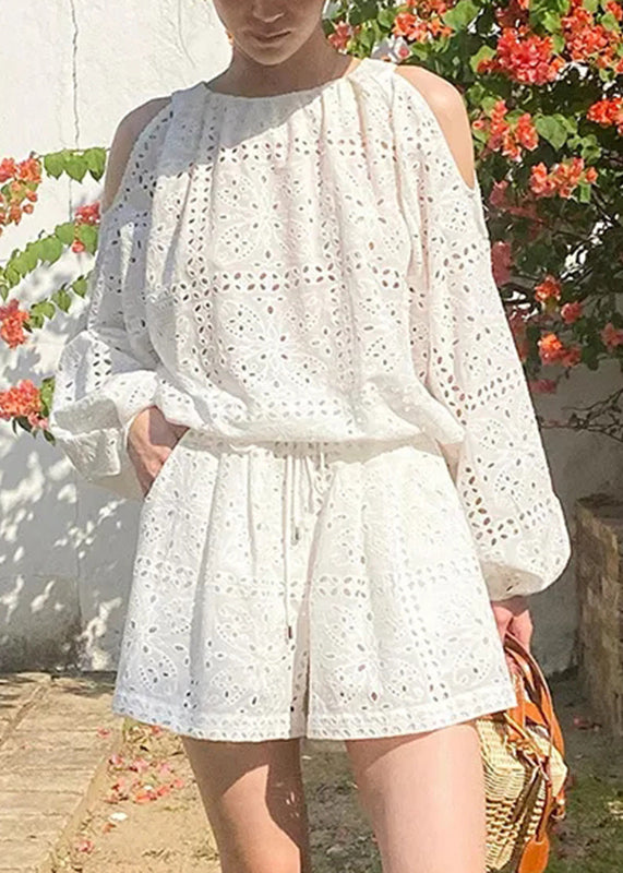 Two Shoulder Pieces Cotton Shirt Beige Shorts Cold And Boutique