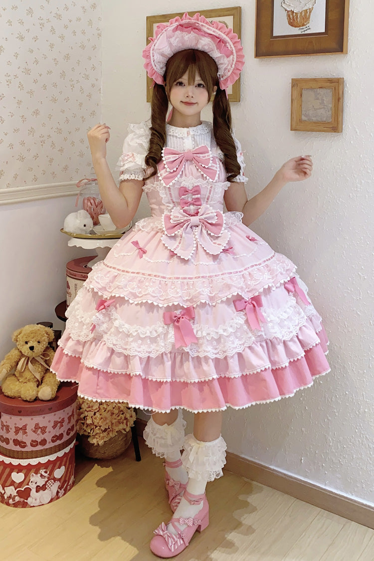 Blush Sleeveless Multi-Layered Ruffle Bow Lace Sweet JSK - Fondant Cake