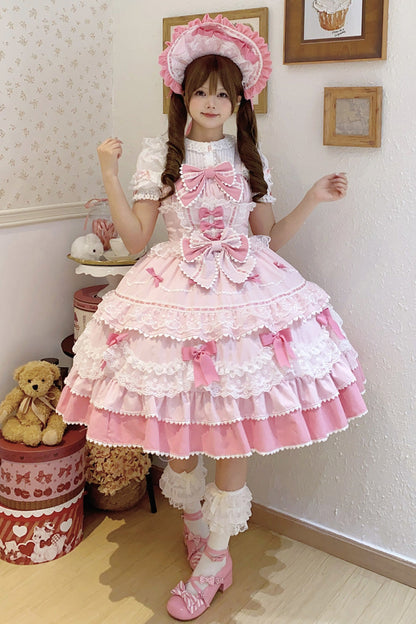 Blush Sleeveless Multi-Layered Ruffle Bow Lace Sweet JSK - Fondant Cake