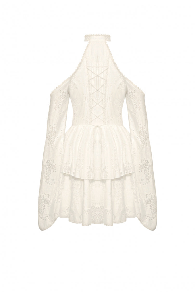 Steampunk Women's Dress with Halter Off-Shoulder Lapel Collar & Flare Sleeves, Cream